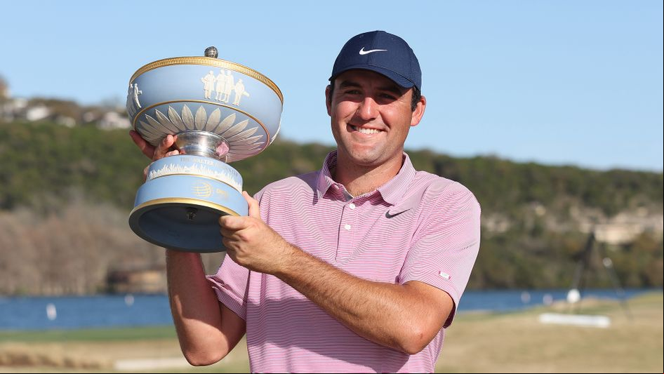 Scottie Scheffler of the United States poses with the Walter Hagen Cup