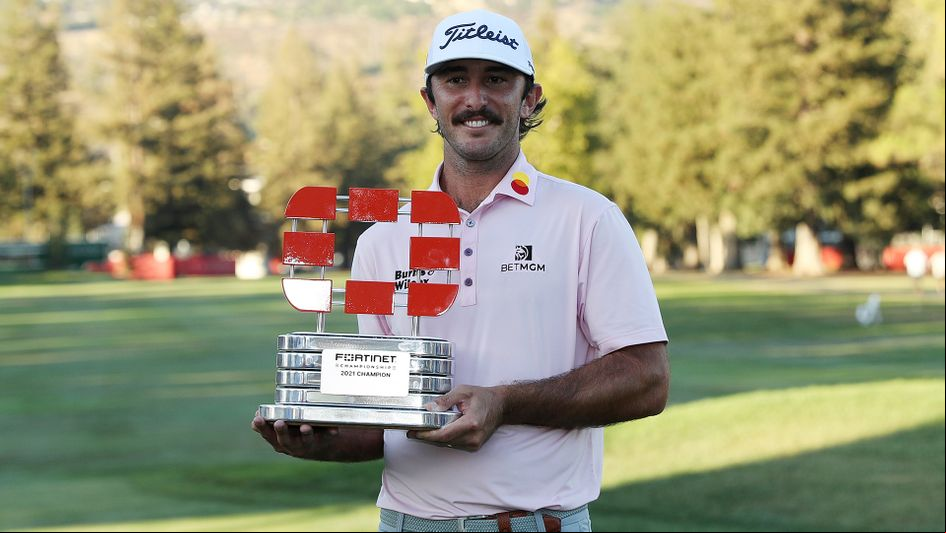 Max Homa celebrates with the trophy after winning the Fortinet Championship