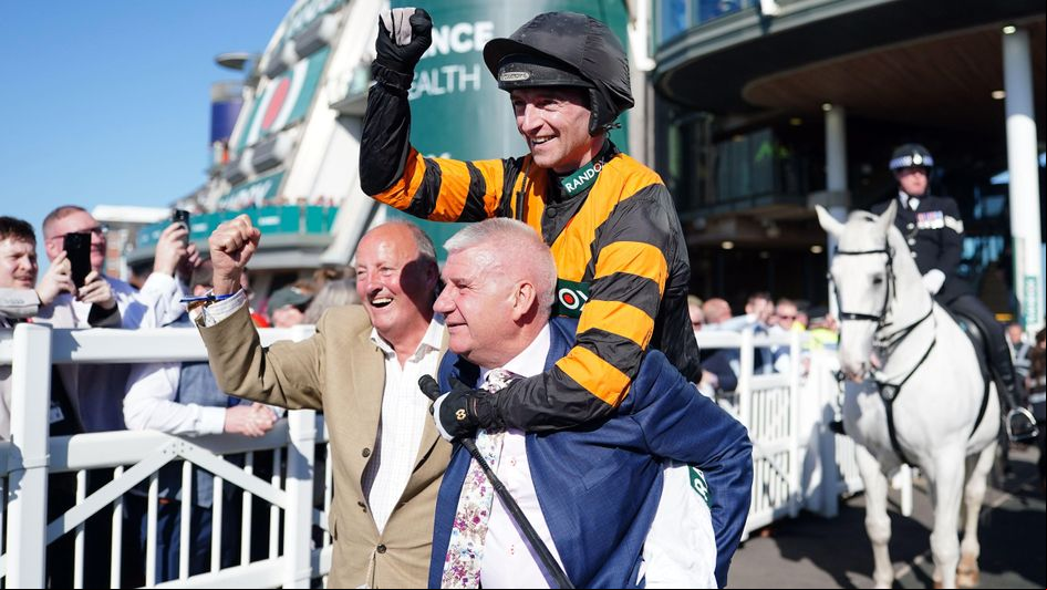 Patrick Mullins celebrates Nick Rockett's Grand National win